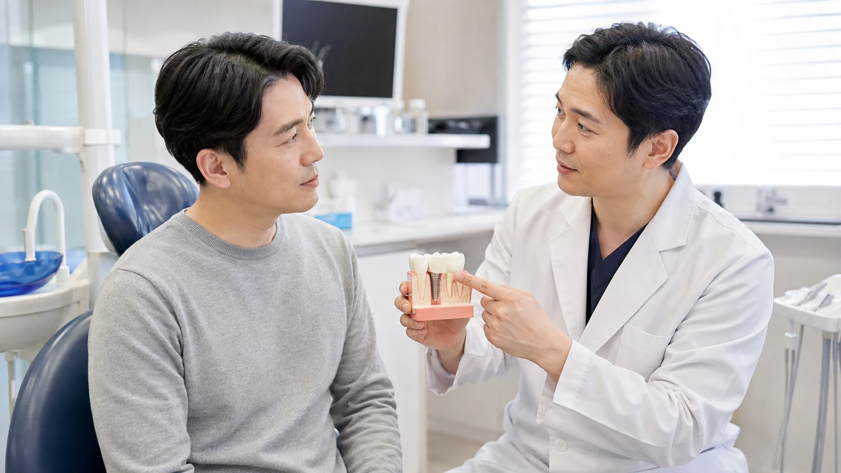 앞니 임플란트 통증 양치 관찰과 상담 장면