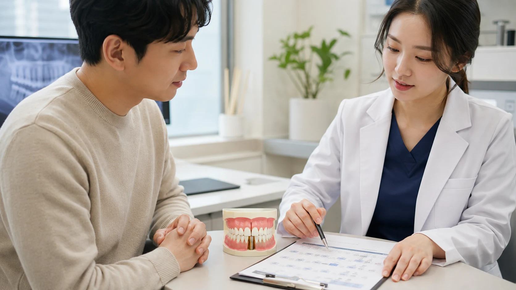 앞니 임플란트 통증 진통제 관찰과 상담 장면