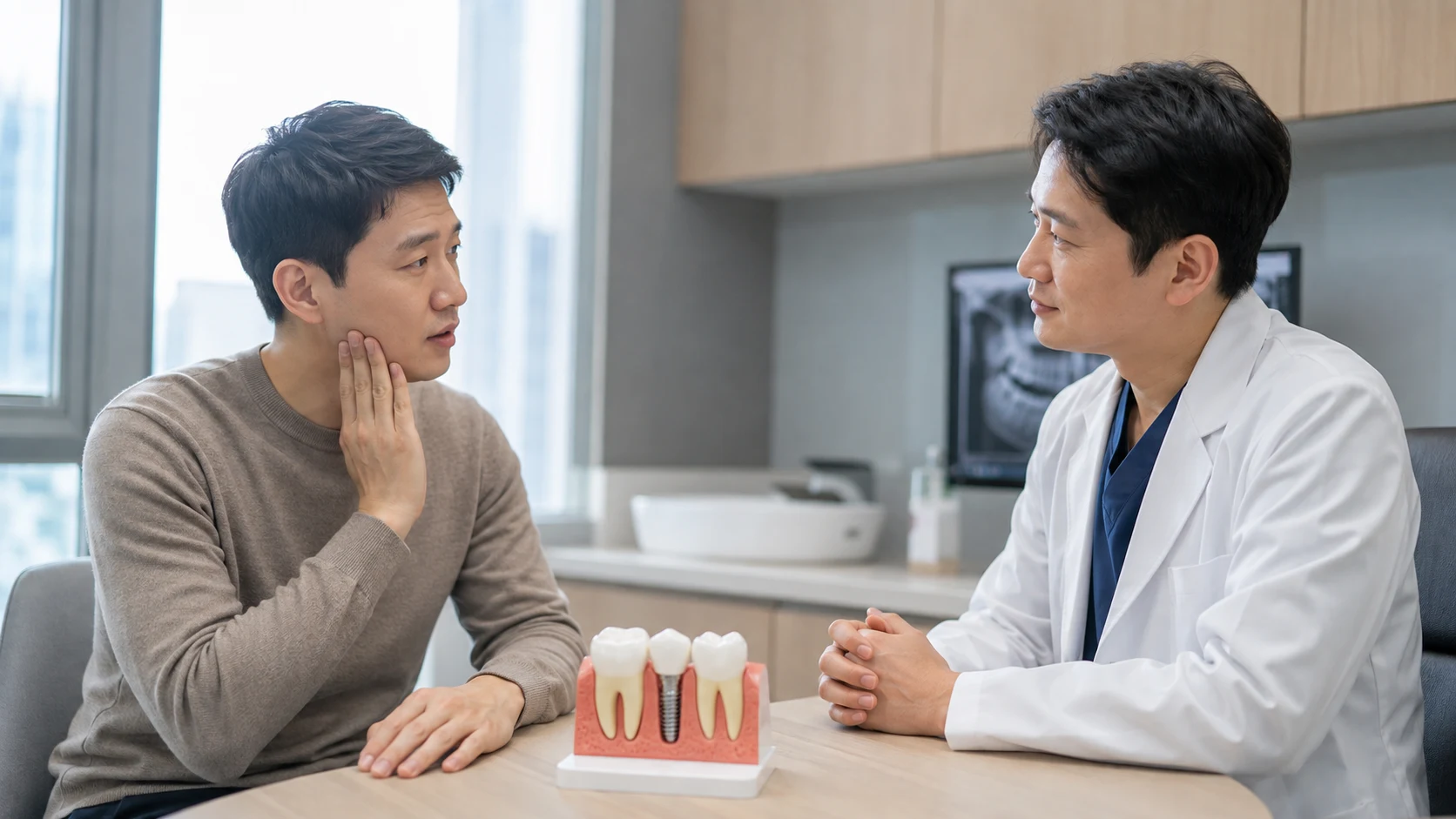 앞니 임플란트 통증 병원 가야 할 때 치료 계획 확인 장면