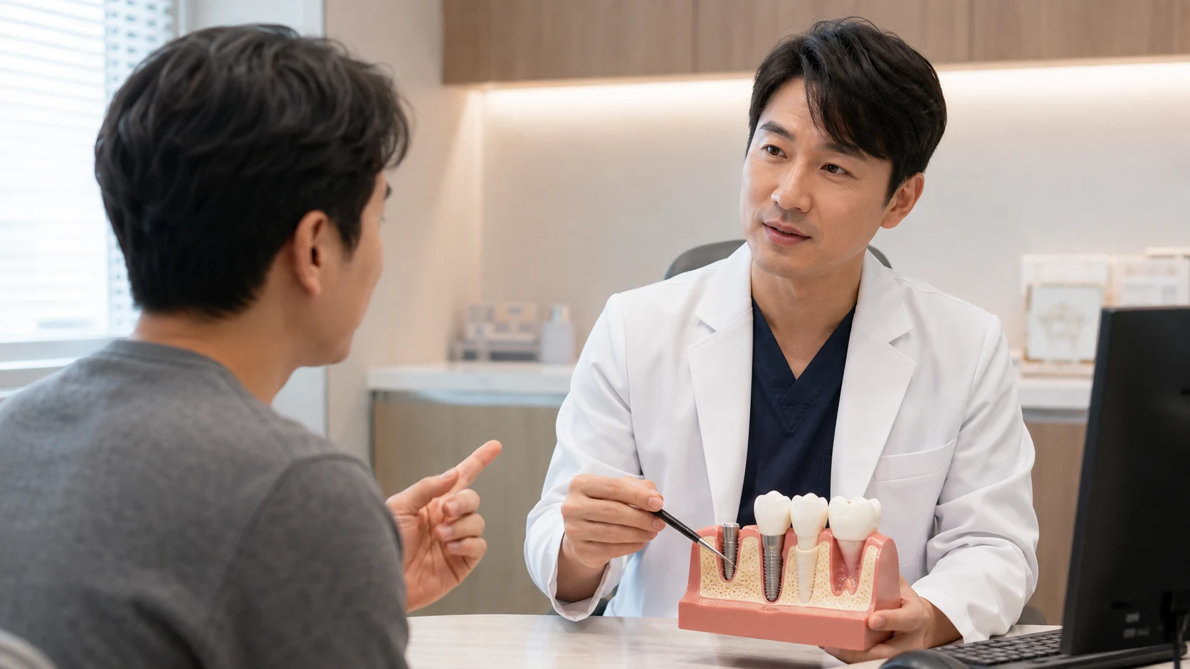 앞니 임플란트 통증 상담 질문 치료 계획 확인 장면