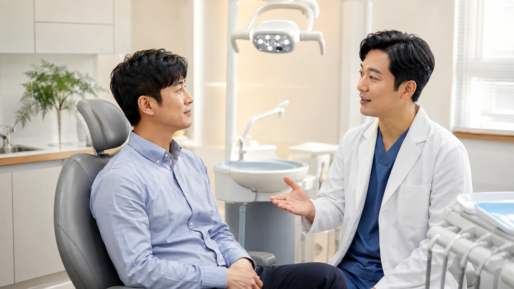 치과 상담 중 치료 기간을 확인하는 장면