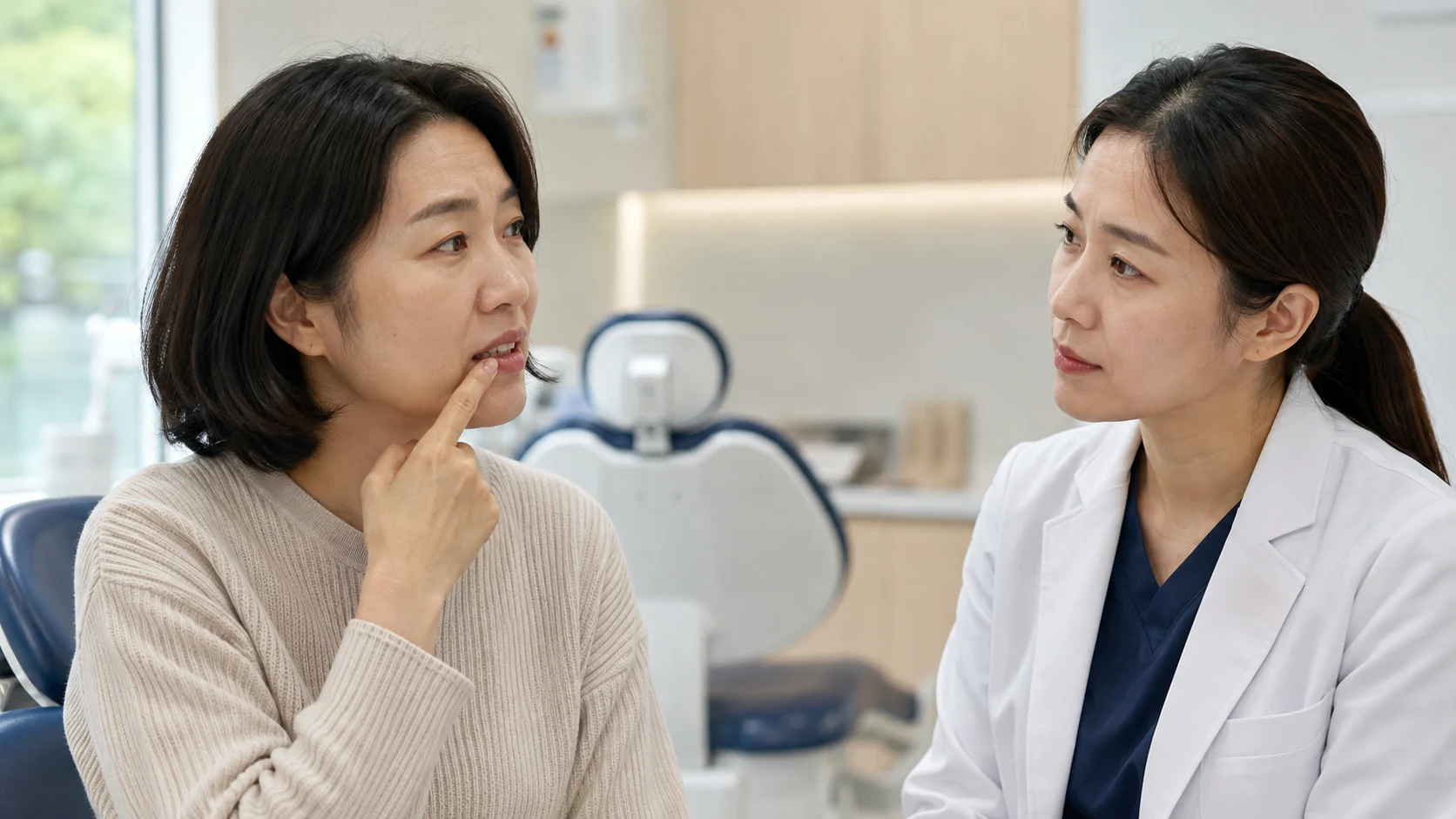 앞니 임플란트 붓기 통증 관찰과 상담 장면